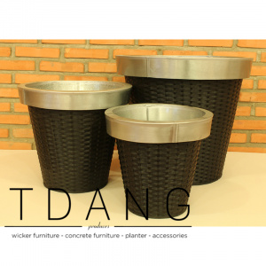 3 Piece Round Plastic Resin Wicker Planter Set With Decor Zinc Pots (TDW024)