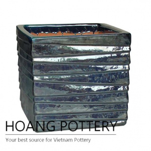 Glossy black slash cube ceramic pot