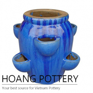 Low blue ceramic strawberry planter