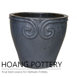 Matt black curly round ceramic planter