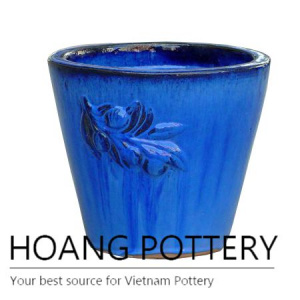 Olive blue low round ceramic pot