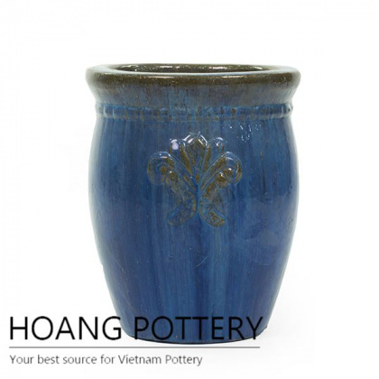 Blue round ceramic palm planter