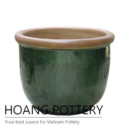 Burnt green round ceramic planter for patio