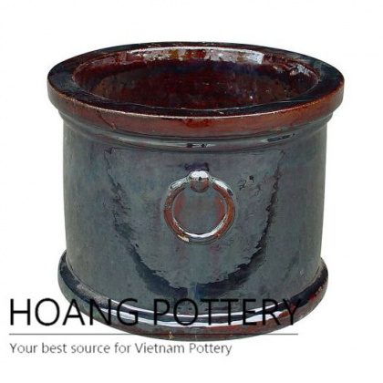 Glossy brown low round ceramic planter