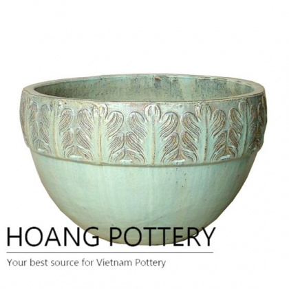 Low Round Leaf Pattern Ceramic Planter