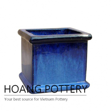 Small blue square ceramic planter